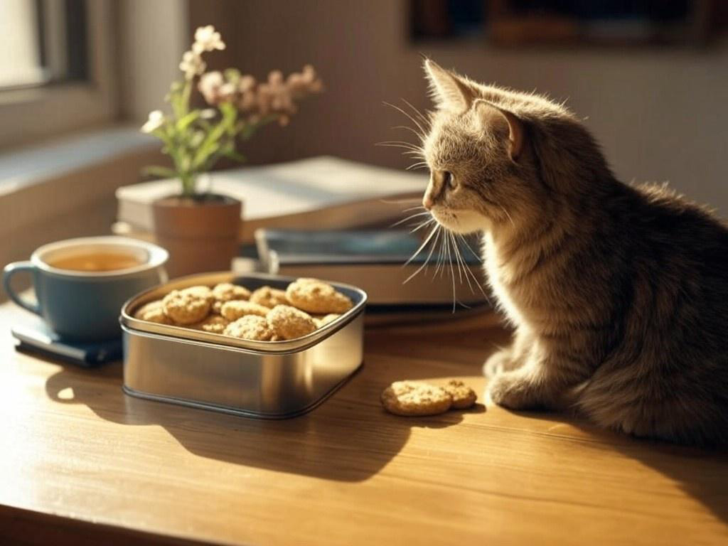 クッキーを眺める猫