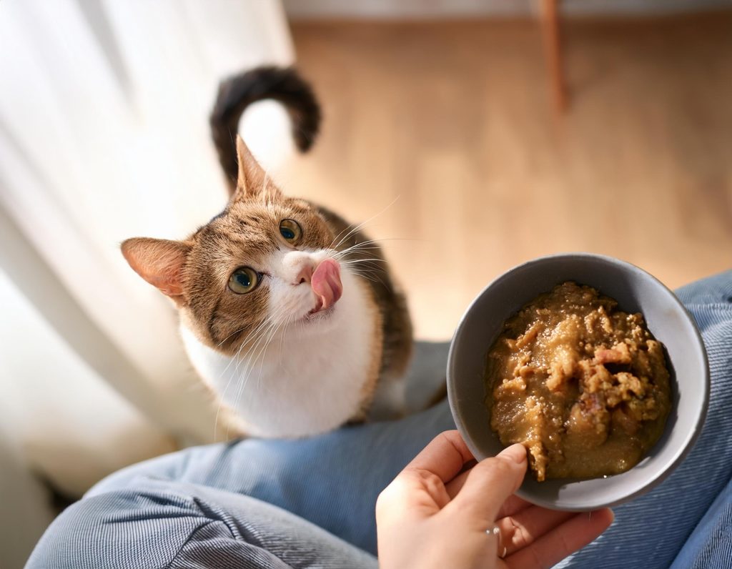 手作りの食事に喜ぶ猫