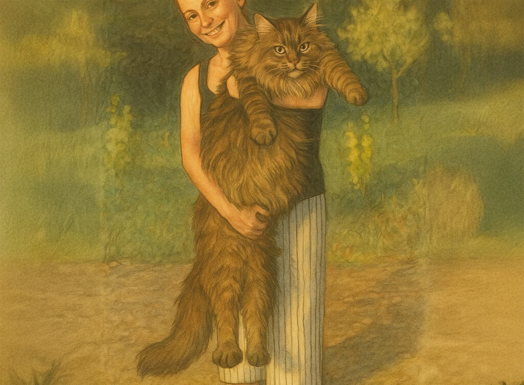 大きな長毛種の猫を飼い主が抱きかかえている様子。ふわふわの毛と堂々とした体格が特徴的なメインクーン。