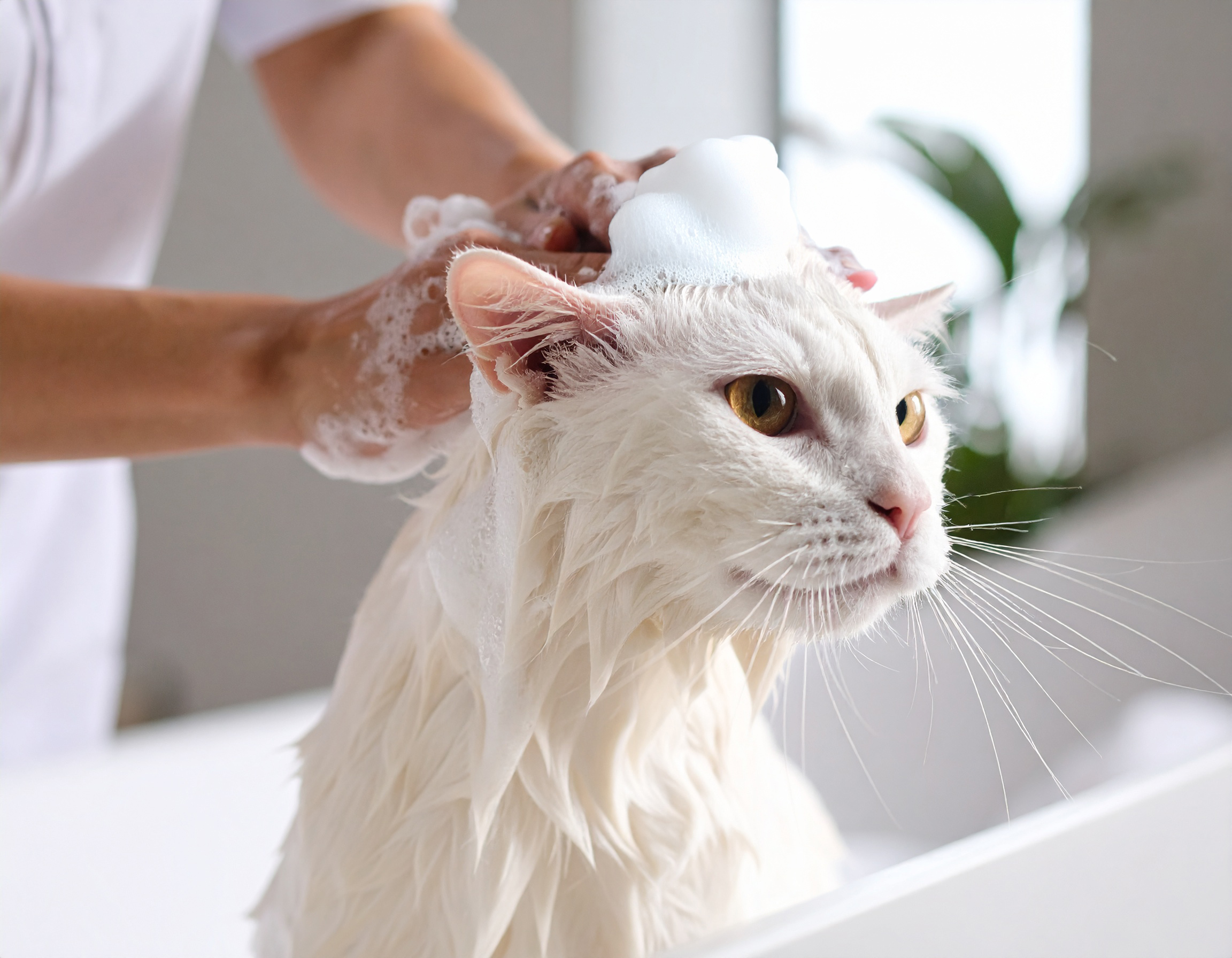 飼い主さんにシャンプーをしてもらって気持ち良さそうにしている白猫さん