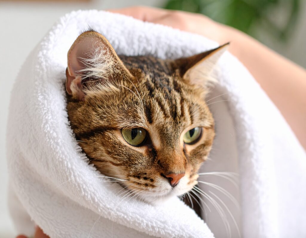 お風呂上りに飼い主にタオルで拭いてもらって気持ち良さそうな猫