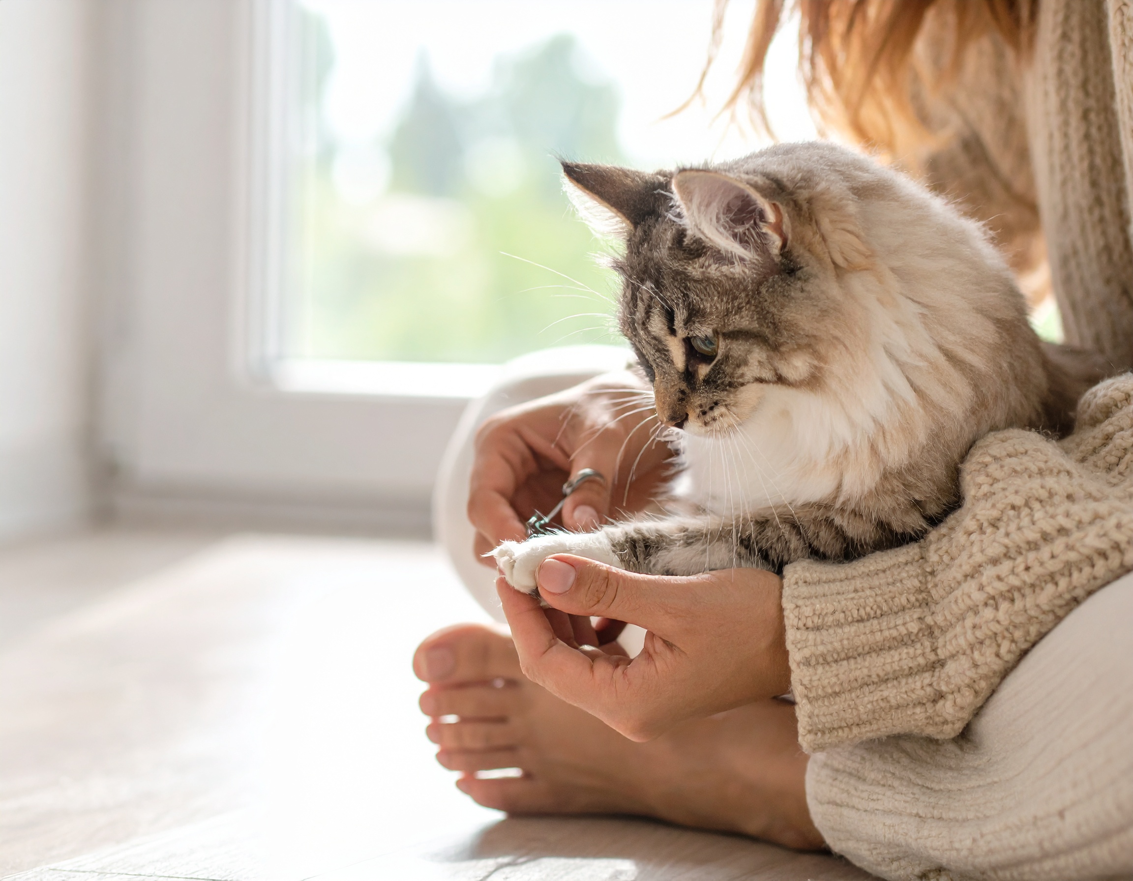 飼い主に抱っこされながら爪を切ってもらっている猫