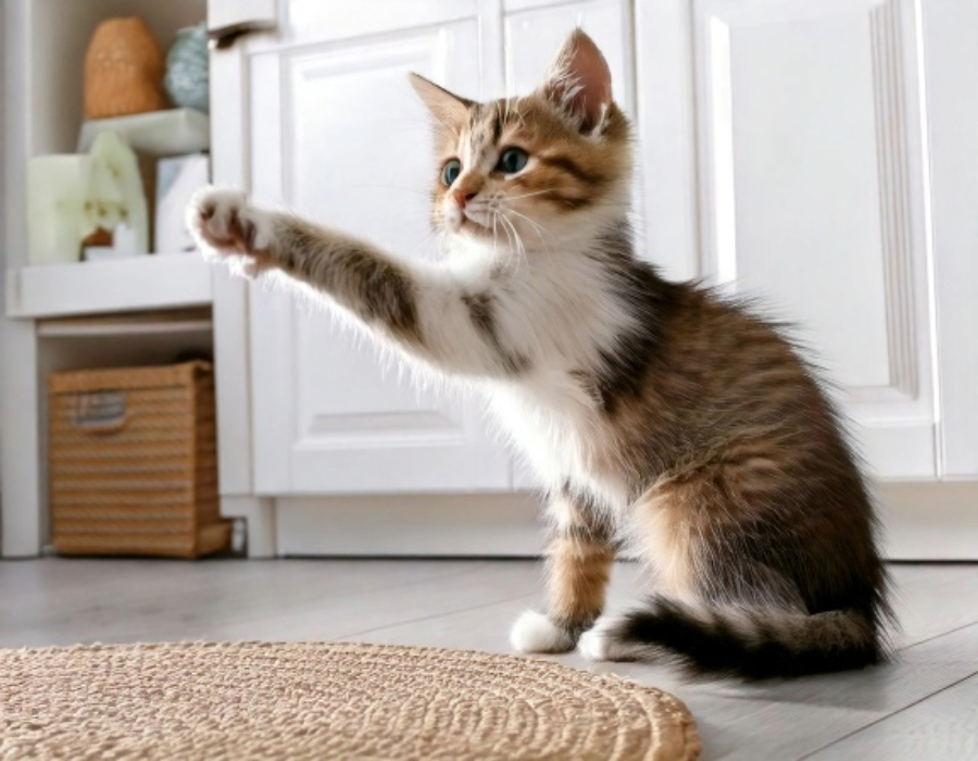 部屋の中で遊ぶ左利きの猫