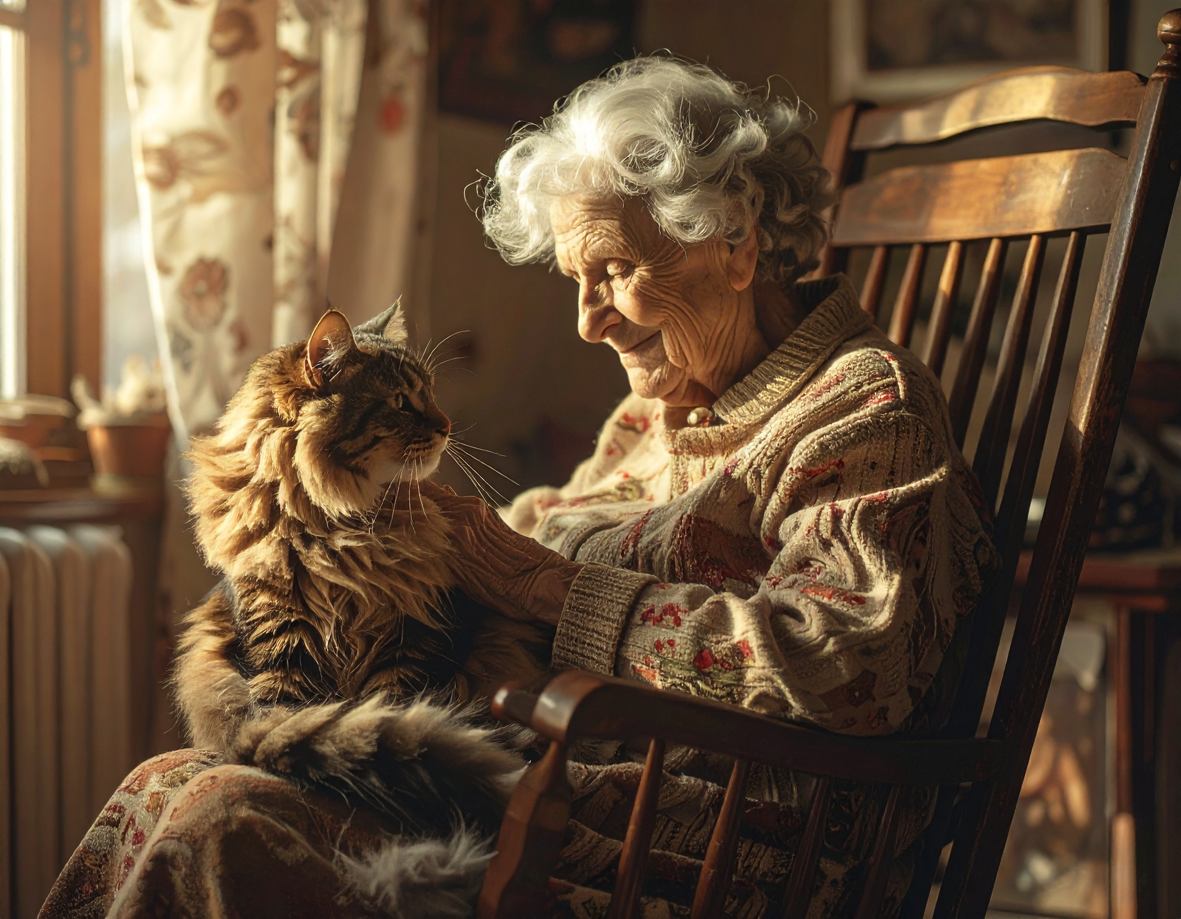 優しいおばあちゃんの膝の上に乗ってくつろぐ猫、ロッキングチェア、cat