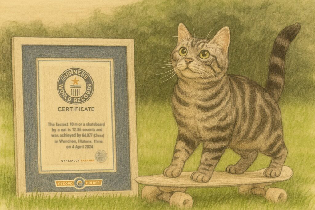 スケートボードのギネス世界記録の猫「Bao Zi(バオズィ)」ちゃんのイメージイラスト